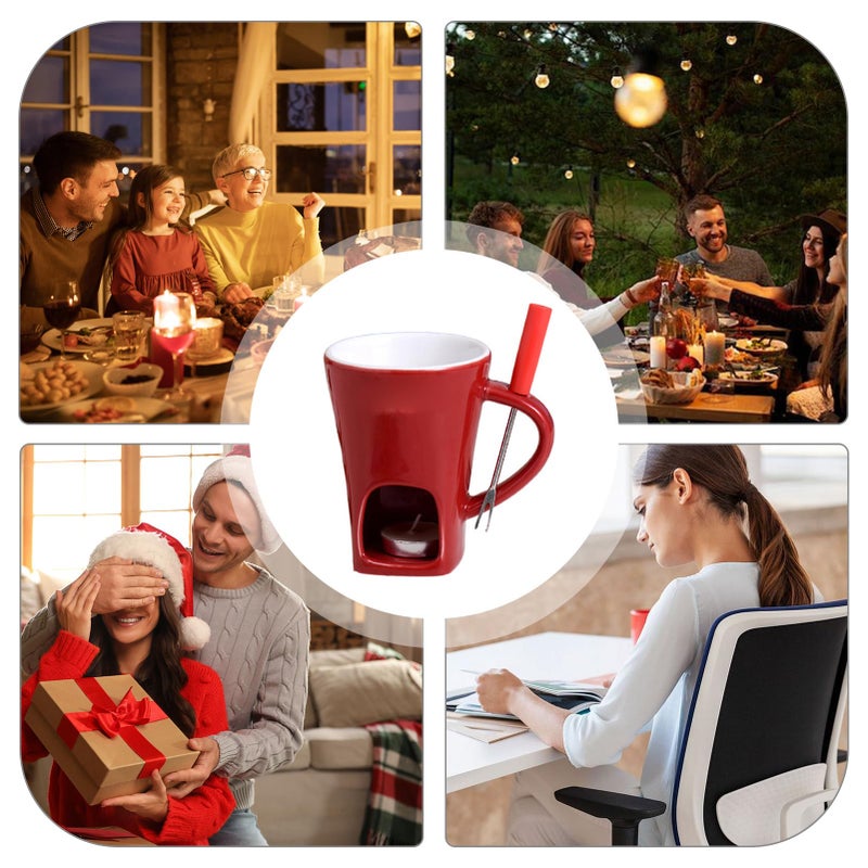 Red Chocolate Fondue Mug with Fork and Candle for Family Holiday Dessert - Image 5
