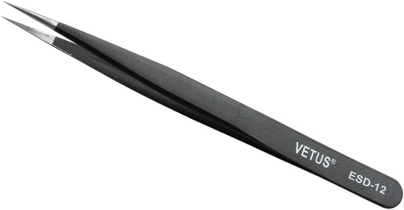Vetus Anti-static SMD Black Tweezer Non-magnetic Stainless Steel Pointed Tip ESD-12 - Image 2