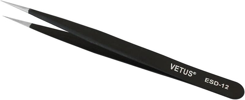 Vetus Anti-static SMD Black Tweezer Non-magnetic Stainless Steel Pointed Tip ESD-12 - Image 1