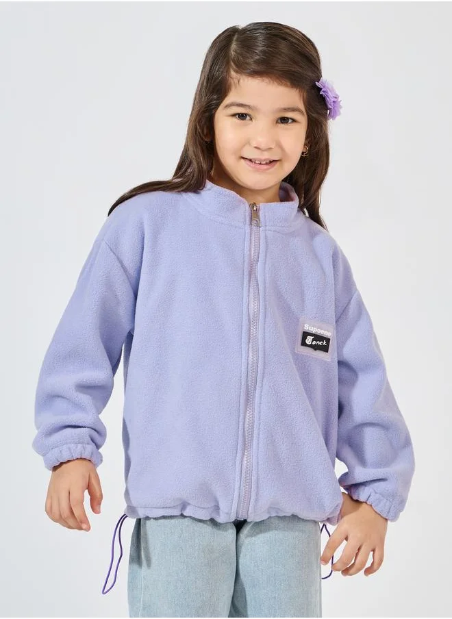 Styli Patch Design Elastic Hem Fleece Jacket