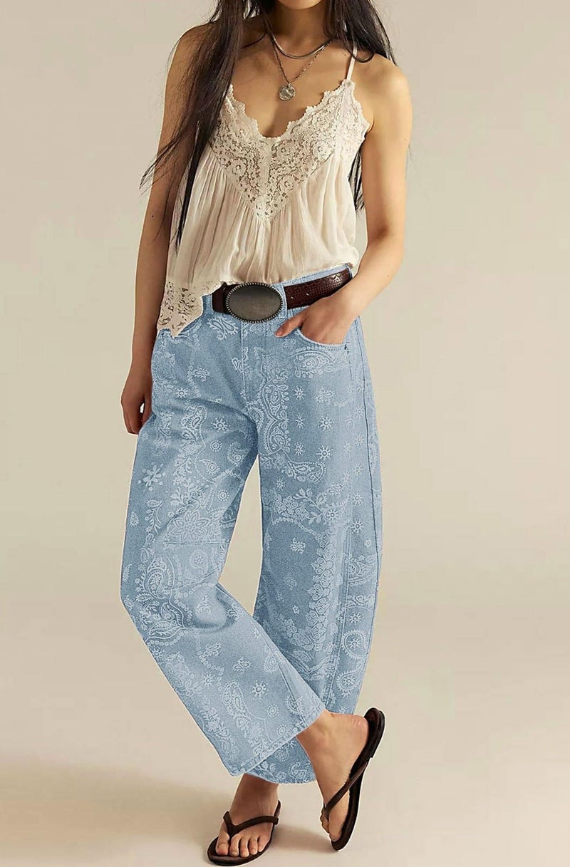 loveimgs Women Boyfriend Baggy Barrel Jeans Floral Print Denim Ankle Pants Wide Leg Mid Rise Jeans Sweatpants Y2k Patchwork (Large,Light Blue) - Image 2
