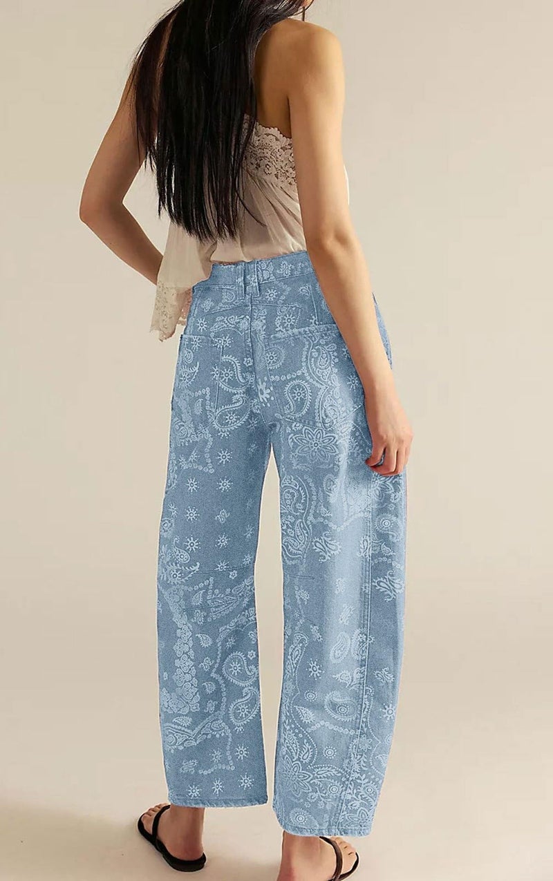 loveimgs Women Boyfriend Baggy Barrel Jeans Floral Print Denim Ankle Pants Wide Leg Mid Rise Jeans Sweatpants Y2k Patchwork (Large,Light Blue) - Image 4