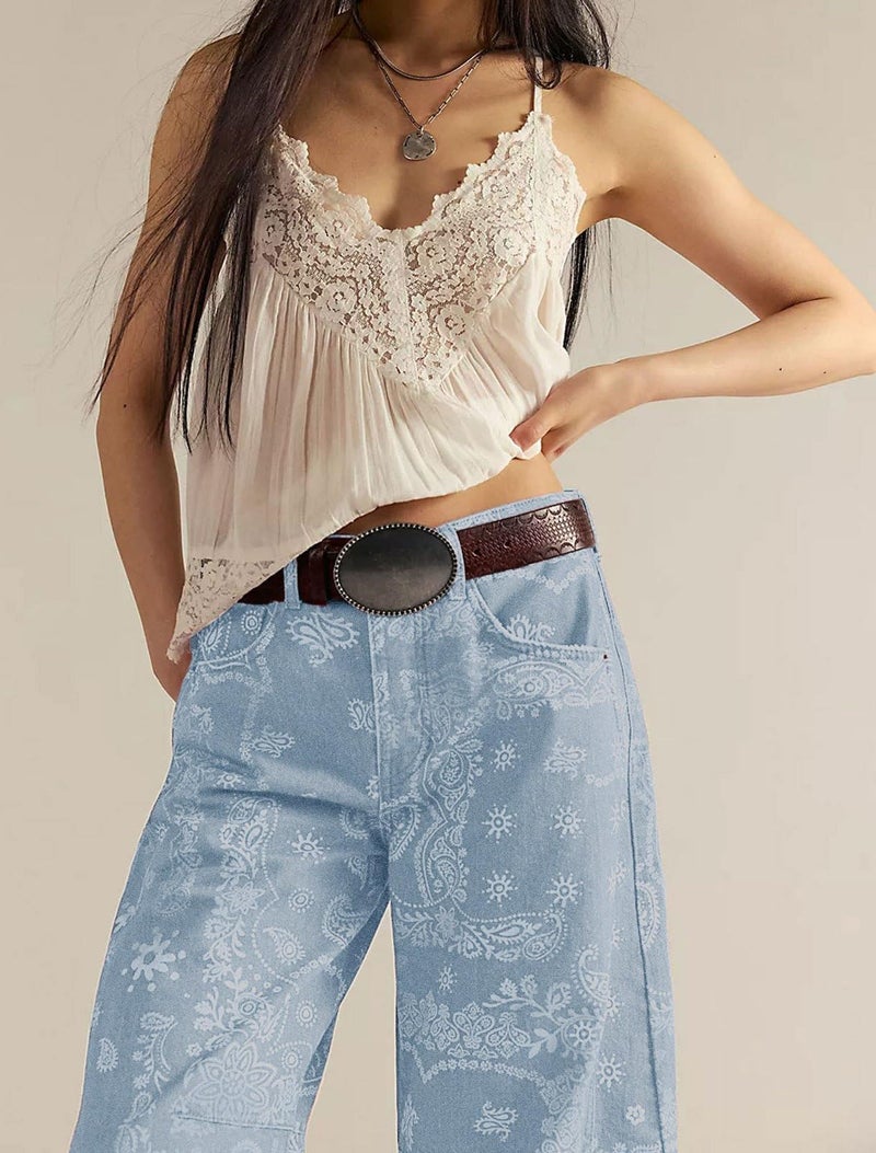 loveimgs Women Boyfriend Baggy Barrel Jeans Floral Print Denim Ankle Pants Wide Leg Mid Rise Jeans Sweatpants Y2k Patchwork (Large,Light Blue) - Image 3
