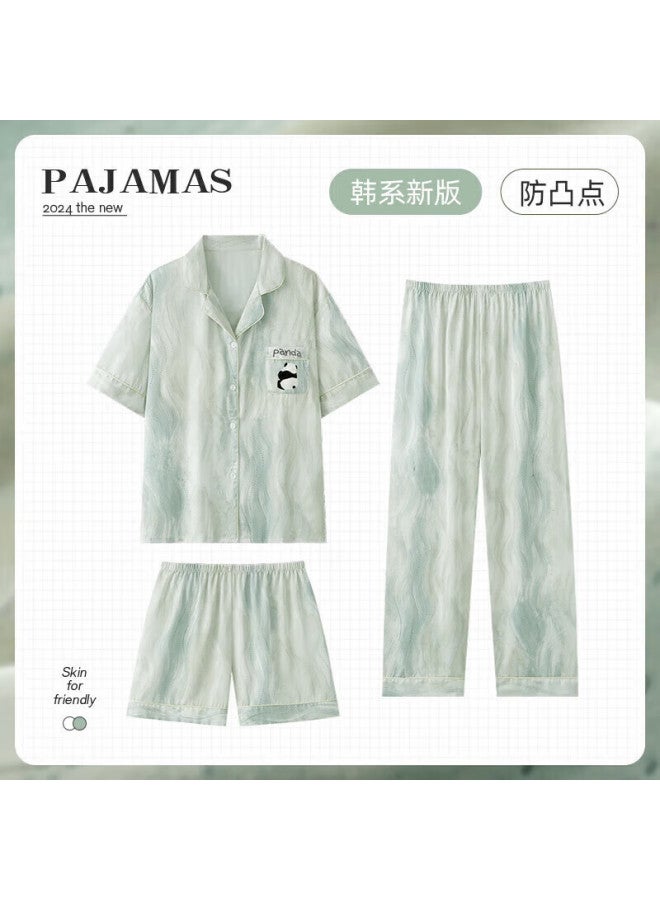 Snowflying Women's Ice Silk Pajamas Spring Summer  New Cartoon Panda Short Sleeve Long Pants 3-piece Set