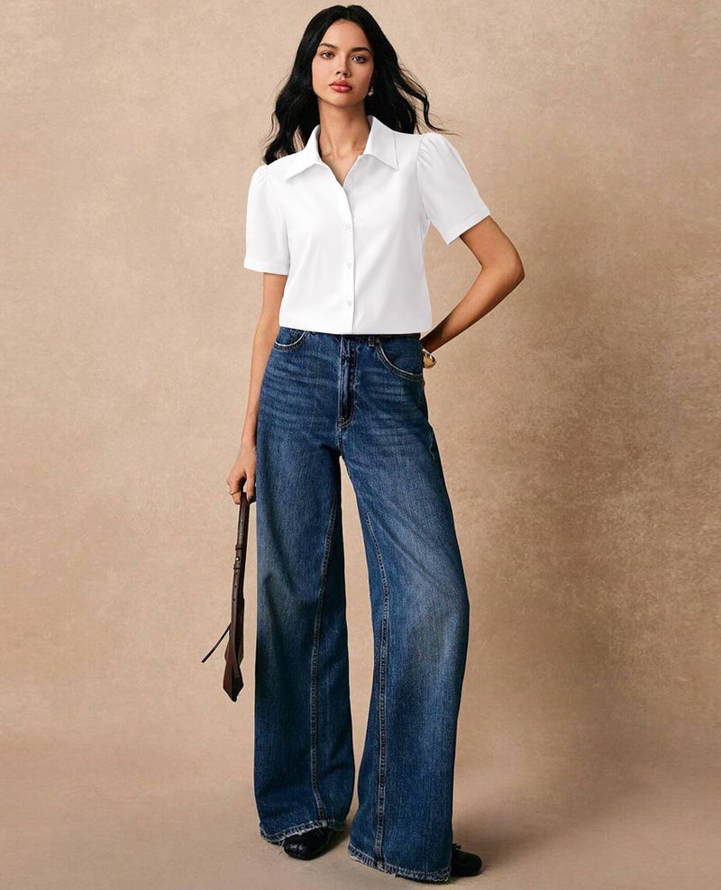 Gleeivy Button Down Shirts for Women Button Up Dress Shirts Puff Short Sleeve Collared Fitted Blouse Work Business Top White M - Image 3