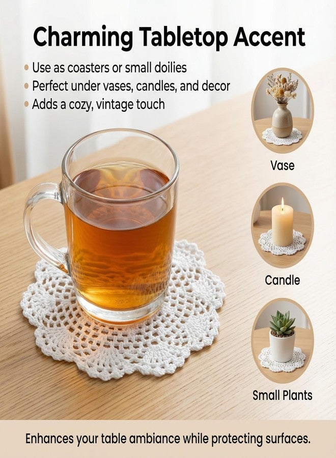 Dcoteh 4PCS Crochet Lace Doilies, Round Cotton Placemats with Star Pattern & Scalloped Edge, Handmade Knit Table Doilies for Cups, Vases, Candle Holders, White, 7.8" - Image 4