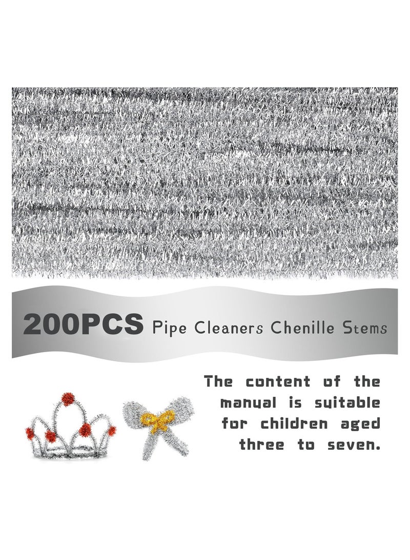 200 Pieces Pipe Cleaners Chenille Stem, Silvery Pipe Cleaners Craft, Fuzzy Sticks Craft Supplies, Colored Pipe Cleaner for Creative Handmade DIY Art Craft Project