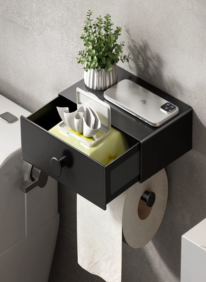 VOLDRA Toilet Paper Holder with Shelf Black Wipes Dispenser for Bathroom Toilet Paper Holder with Storage Upgrade Drawer Design Toilet Tissue Holder Adhesive Small Bathroom Shelf Wall Mount - Image 1