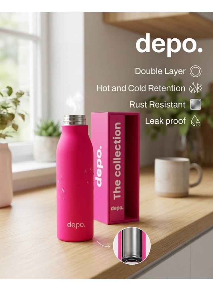 Depo Double-Wall Stainless Steel Vacuum Insulated Water Bottle (500 ml) - Hot & Cold Thermal Flask, Leak-Proof & BPA-Free Portable Water Flask for Travel, Gym, Office & Daily Use - Pink - Image 4