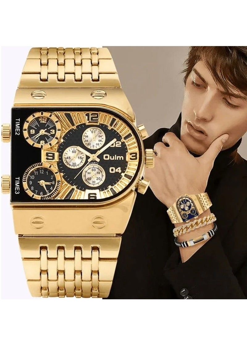 أولم ساعة كوارتز عصرية مضيئة بثلاث مناطق زمنية، حركة مستوردة، علبة من سبائك الزنك، زجاج معدني، قرص أزرق أسود، حزام فولاذي ذهبي - Image 1