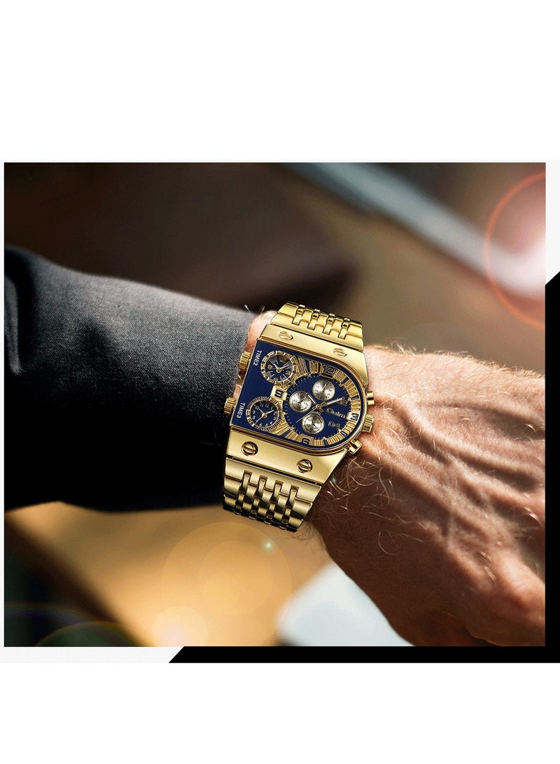 أولم ساعة كوارتز عصرية مضيئة بثلاث مناطق زمنية، حركة مستوردة، علبة من سبائك الزنك، زجاج معدني، قرص أزرق أسود، حزام فولاذي ذهبي - Image 2