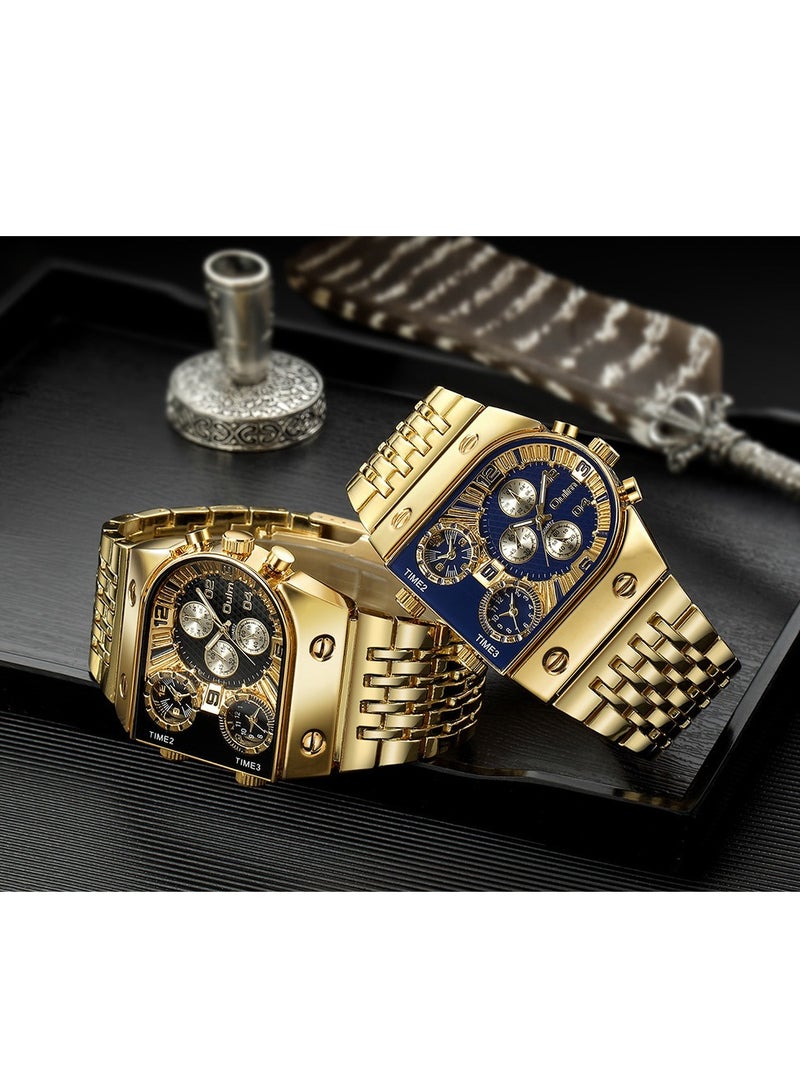 أولم ساعة كوارتز عصرية مضيئة بثلاث مناطق زمنية، حركة مستوردة، علبة من سبائك الزنك، زجاج معدني، قرص أزرق أسود، حزام فولاذي ذهبي - Image 4