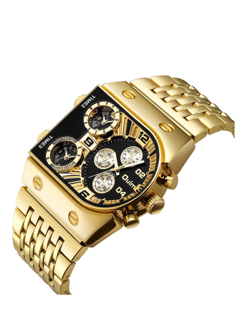 أولم ساعة كوارتز عصرية مضيئة بثلاث مناطق زمنية، حركة مستوردة، علبة من سبائك الزنك، زجاج معدني، قرص أزرق أسود، حزام فولاذي ذهبي - Image 3