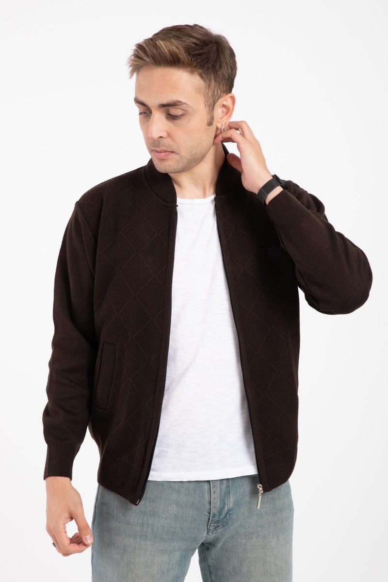 Mutlu City Men's Middle Age and Above Knitwear Acrylic Zippered Winter Dad Cardigan 2073-Brown Color  - Image 4