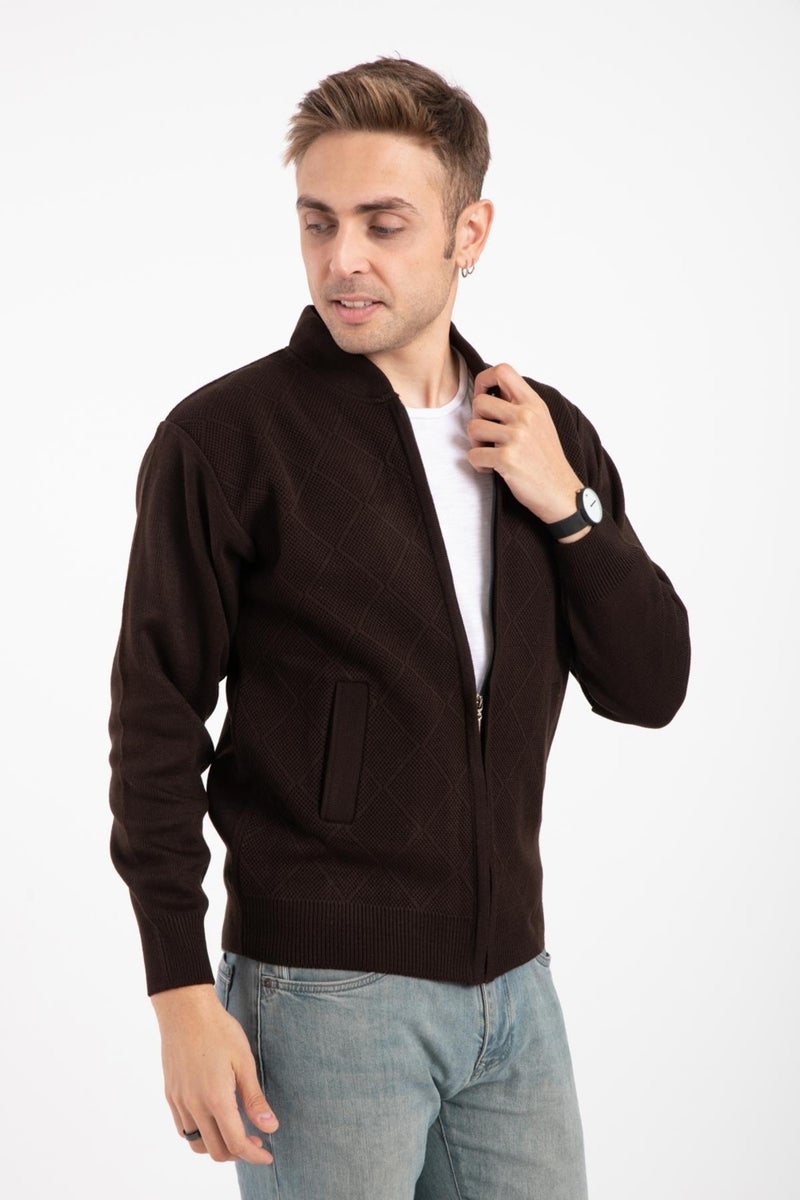 Mutlu City Men's Middle Age and Above Knitwear Acrylic Zippered Winter Dad Cardigan 2073-Brown Color  - Image 1