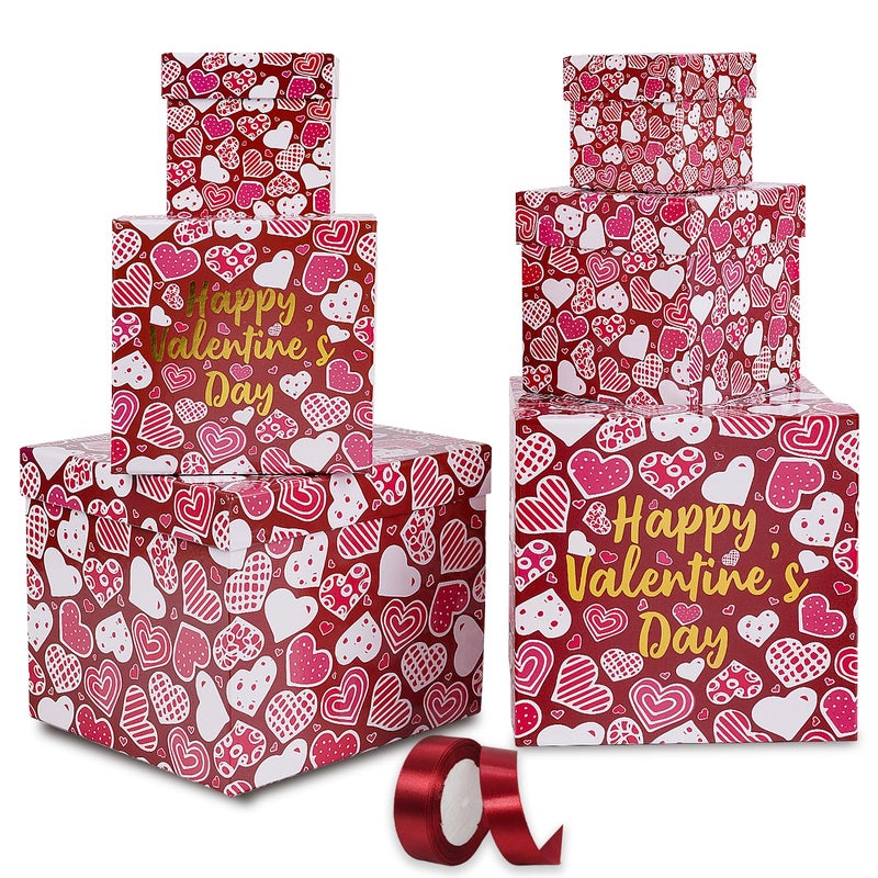 JWSCYSY 6PCS Valentine's Day Nesting Gift Boxes with Lid, Square Gift Boxes with Ribbon, Decorative Boxes Assorted Size for Valentine's Day Presents Wrapping, Party Favor Boxes (Red) - Image 1