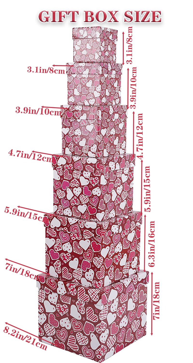 JWSCYSY 6PCS Valentine's Day Nesting Gift Boxes with Lid, Square Gift Boxes with Ribbon, Decorative Boxes Assorted Size for Valentine's Day Presents Wrapping, Party Favor Boxes (Red) - Image 2