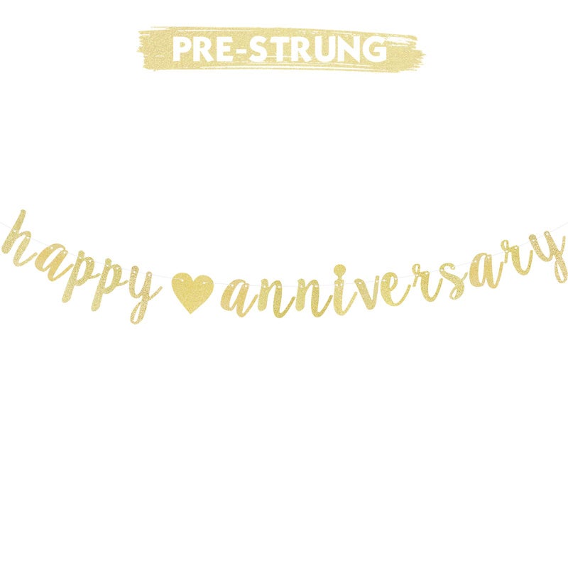 LINGTEER Happy Anniversary Gold Glitter Heart Bunting Banner Perfect for Wedding Anniversary Party Decorations