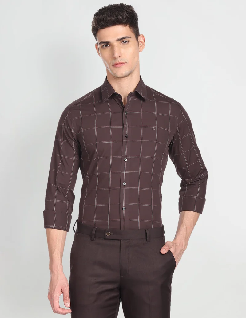 Arrow Brown Cutaway Collar Outline Check Shirt for Men | Best Price UAE