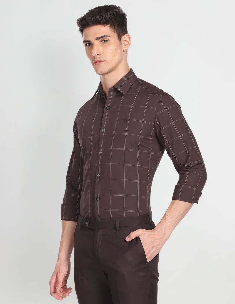 Arrow Brown Cutaway Collar Outline Check Shirt for Men | Best Price UAE