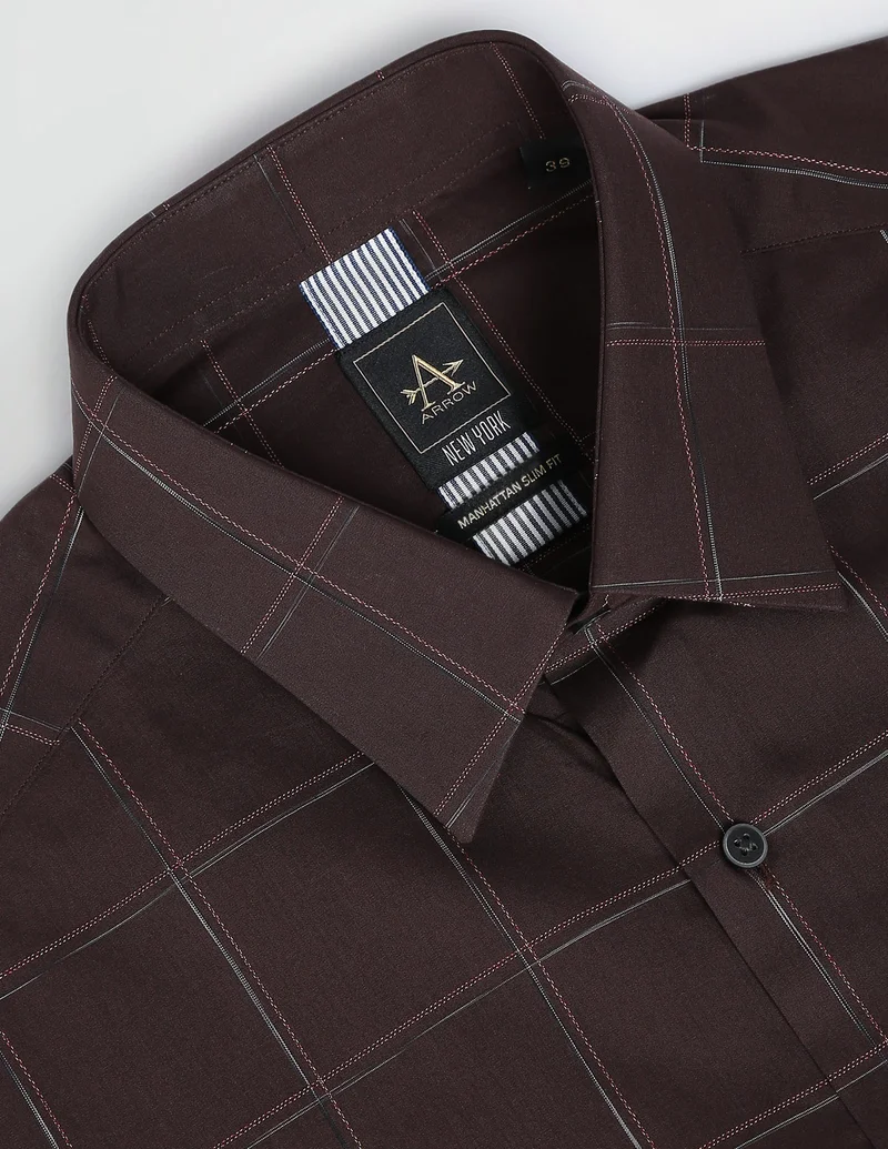 Arrow Brown Cutaway Collar Outline Check Shirt for Men | Best Price UAE
