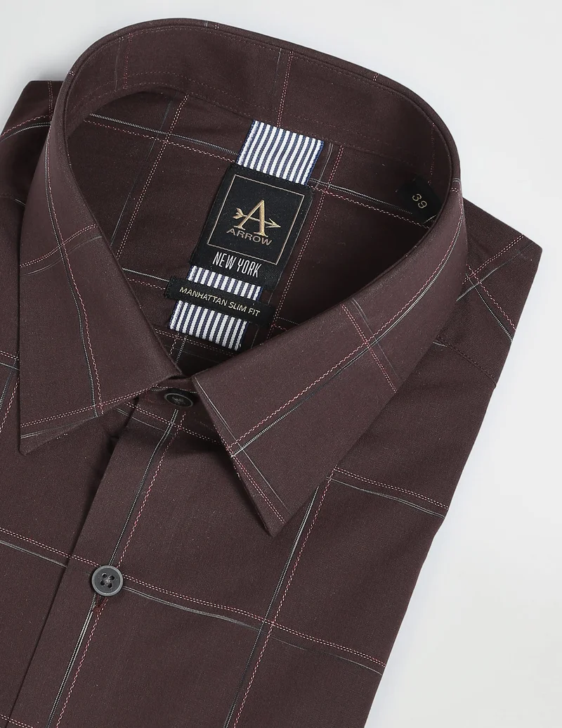 Arrow Brown Cutaway Collar Outline Check Shirt for Men | Best Price UAE