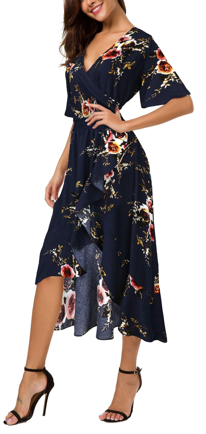 Kormei Womens Short Sleeve Floral Maxi Dress High Low V-Neck Flowy Party Long Dresses M Blue&Flower#2 - Image 4