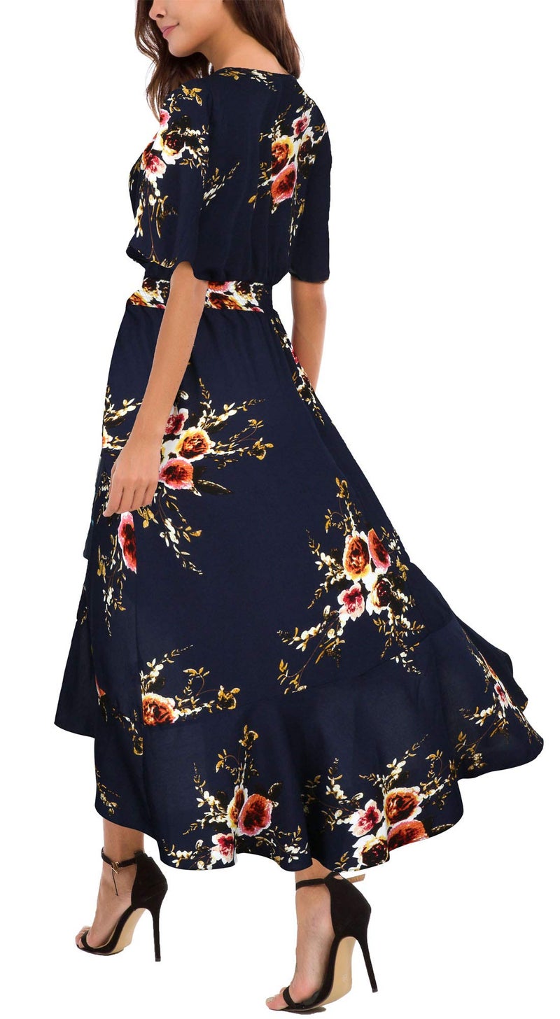 Kormei Womens Short Sleeve Floral Maxi Dress High Low V-Neck Flowy Party Long Dresses M Blue&Flower#2 - Image 3