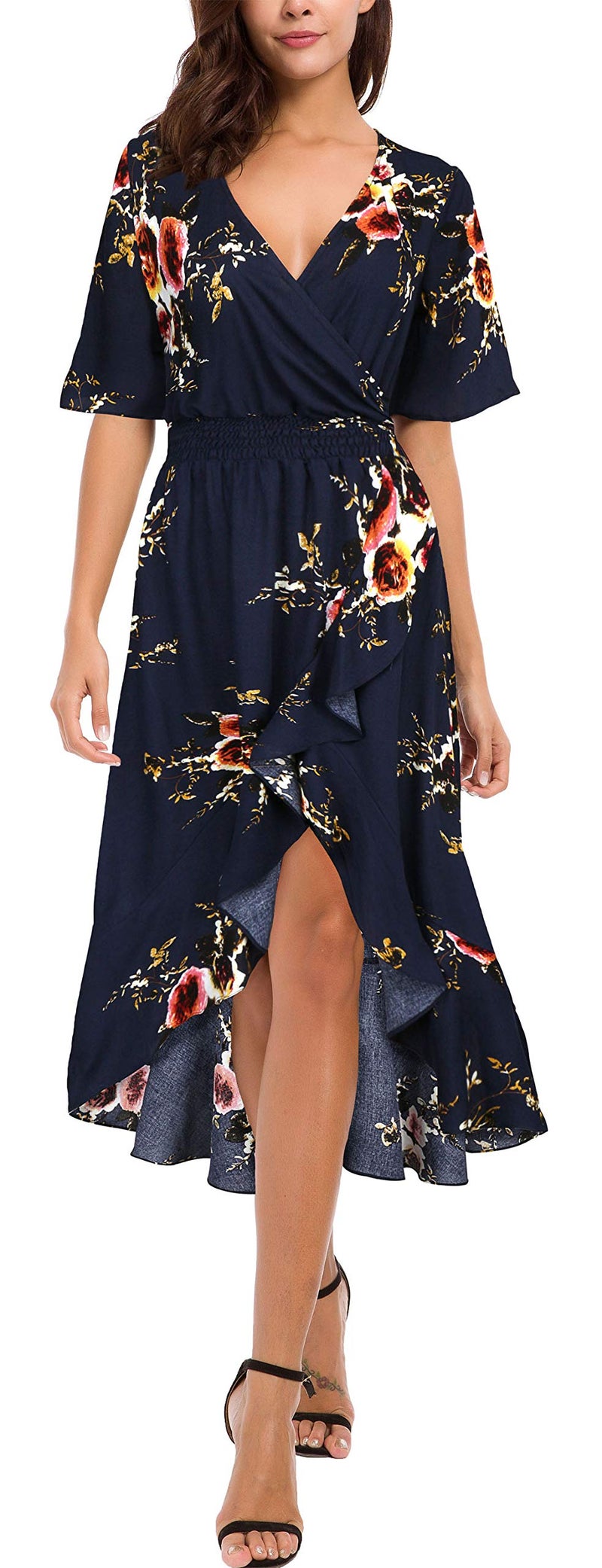 Kormei Womens Short Sleeve Floral Maxi Dress High Low V-Neck Flowy Party Long Dresses M Blue&Flower#2 - Image 2