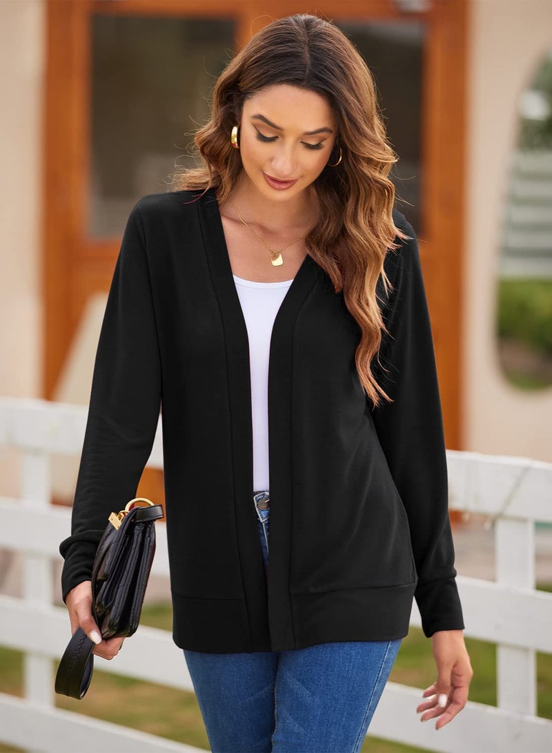 Hount Womens Casual Open Front Long Sleeve Cardigan Lightweight Soft Knit Draped Dusters Cardigans (Large, Black) - Image 3