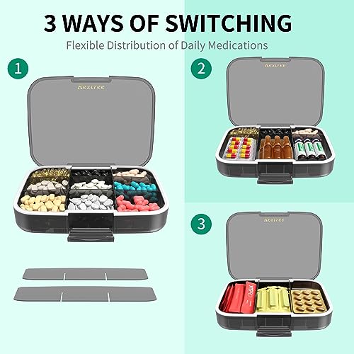 Restree Large Pill Organizer, Moisture Proof & Waterproof Travel Pill Case, Portable Medication Box with Adjustable Dividers for Vitamins Supplements Fish Oil and Daily Pills 9 Compartments (Black) - Image 3