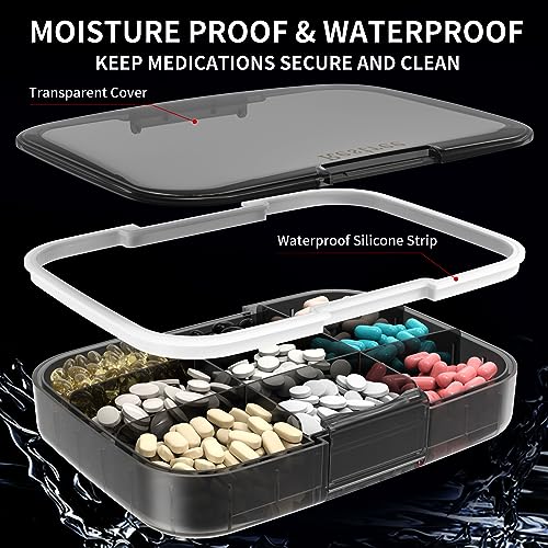 Restree Large Pill Organizer, Moisture Proof & Waterproof Travel Pill Case, Portable Medication Box with Adjustable Dividers for Vitamins Supplements Fish Oil and Daily Pills 9 Compartments (Black) - Image 4