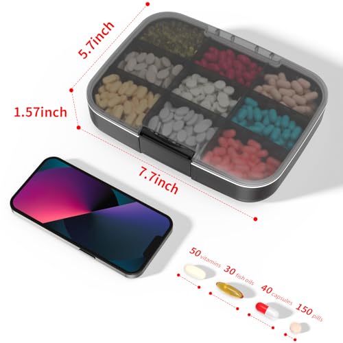 Restree Large Pill Organizer, Moisture Proof & Waterproof Travel Pill Case, Portable Medication Box with Adjustable Dividers for Vitamins Supplements Fish Oil and Daily Pills 9 Compartments (Black) - Image 2