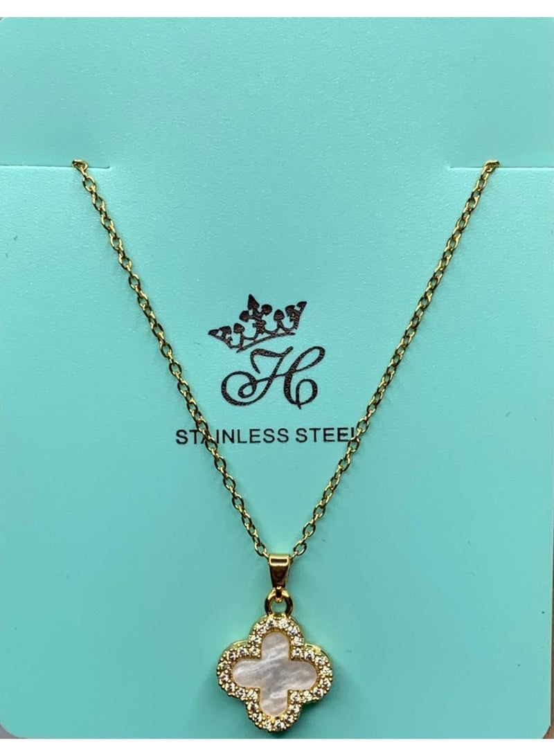 Influence Germany Reversible Clover Pendant Necklace – Black & White – Gold-Tone Stainless Steel - Image 1