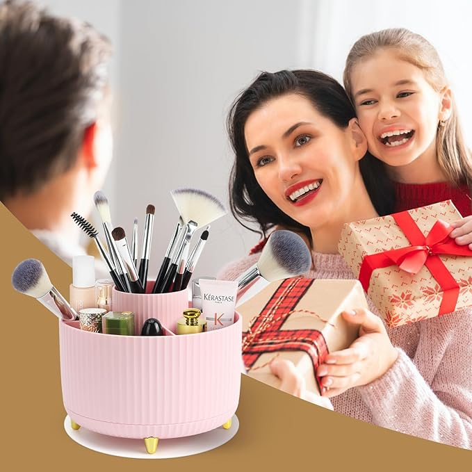 Topspring 360 Rotating Makeup Organiser Spinning Makeup Brush Holder with Antislip Mat Make Up Storage 5 Compartments for Skincare Perfumes Cosmetics Bathroom Bedroom Stationery Storage White
