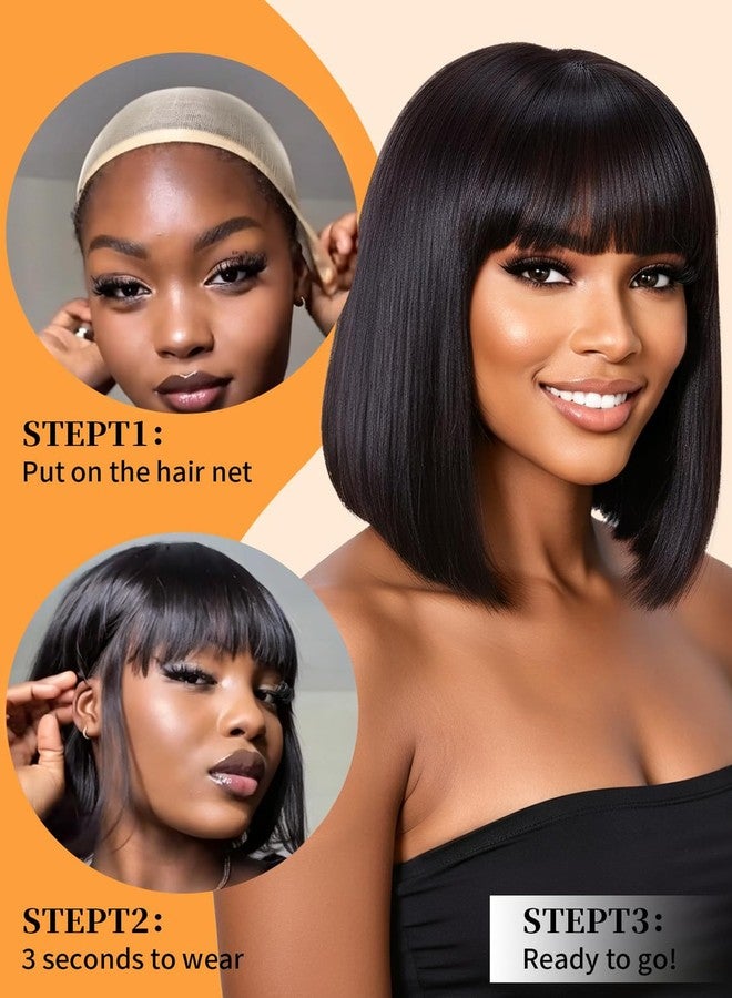 Annivia Bob Wig Human Hair with Bangs for Black Women 210% Density Black Bob Wig 100% Human Hair Pre-Bleached Glueless Straight Wigs 12inch（Black） - Image 3