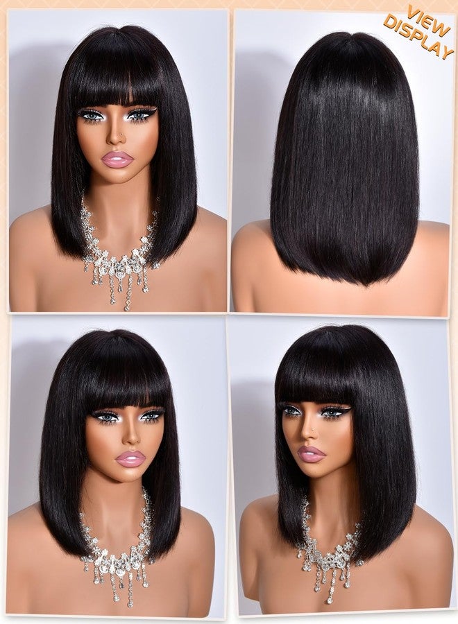 Annivia Bob Wig Human Hair with Bangs for Black Women 210% Density Black Bob Wig 100% Human Hair Pre-Bleached Glueless Straight Wigs 12inch（Black） - Image 4