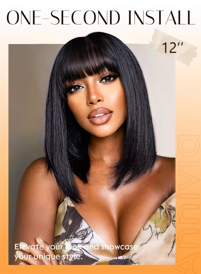 Annivia Bob Wig Human Hair with Bangs for Black Women 210% Density Black Bob Wig 100% Human Hair Pre-Bleached Glueless Straight Wigs 12inch（Black） - Image 2