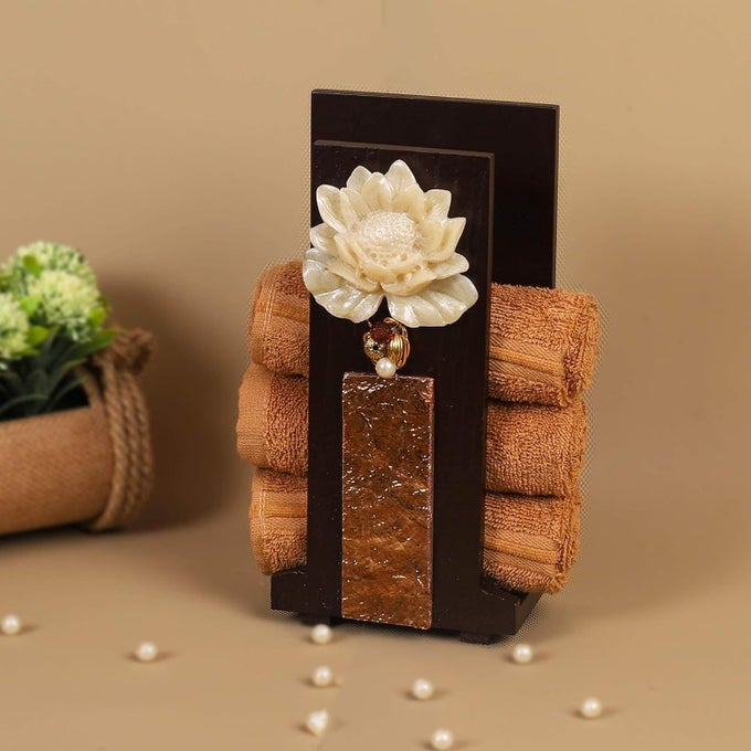 HANDCRAFTED WOODEN HAND TOWEL HOLDER| TOWEL STAND FOR BATHROOM| NAPKIN HOLDER FOR WASHBASIN| TOWEL STAND| GUESTS TOWEL ORGANIZER RACK| BATHROOM ACCESSORIES |TOWEL RACK BROWN (LOTUS-C)