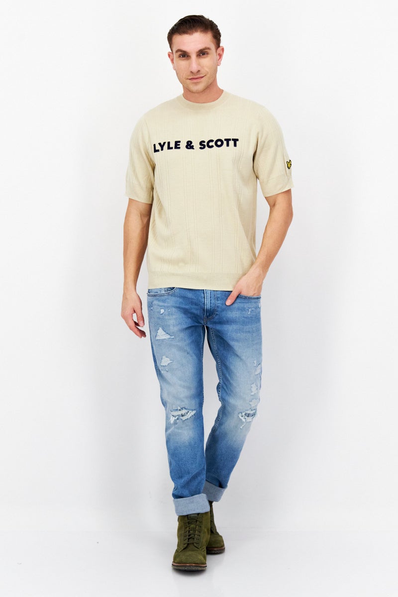 Lyle & Scott Men Crew Neck Short Sleeve Brand Logo Sweater, Beige - Image 3