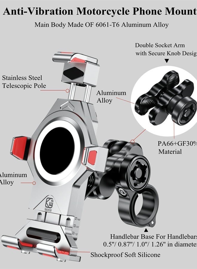 BRCOVAN حامل هاتف دراجة نارية من سبائك الألمنيوم مع مخمد اهتزاز وقفل آمن عالي السرعة، قفل تلقائي بضغطة واحدة لحامل هاتف الدراجة السكوتر ATV مقاس 4.7''-7.2'' - Image 2