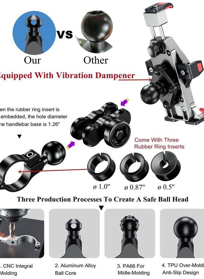 BRCOVAN حامل هاتف دراجة نارية من سبائك الألمنيوم مع مخمد اهتزاز وقفل آمن عالي السرعة، قفل تلقائي بضغطة واحدة لحامل هاتف الدراجة السكوتر ATV مقاس 4.7''-7.2'' - Image 4