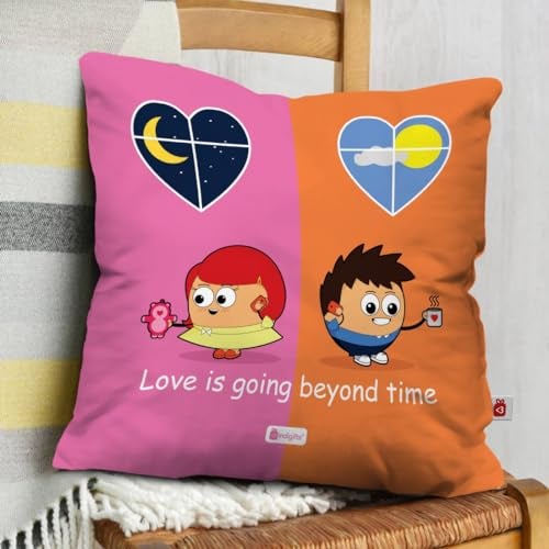 Indigifts Valentine Day Love is Going Beyond Time Quote Couple in Long Distance Relationship Multi Cushion Cover 18x18 inch - Gift for Boyfriend, Girlfriend, Birthday, Wife, Husband, Anniversary - Image 2