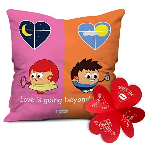 Indigifts Valentine Day Love is Going Beyond Time Quote Couple in Long Distance Relationship Multi Cushion Cover 18x18 inch - Gift for Boyfriend, Girlfriend, Birthday, Wife, Husband, Anniversary - Image 1
