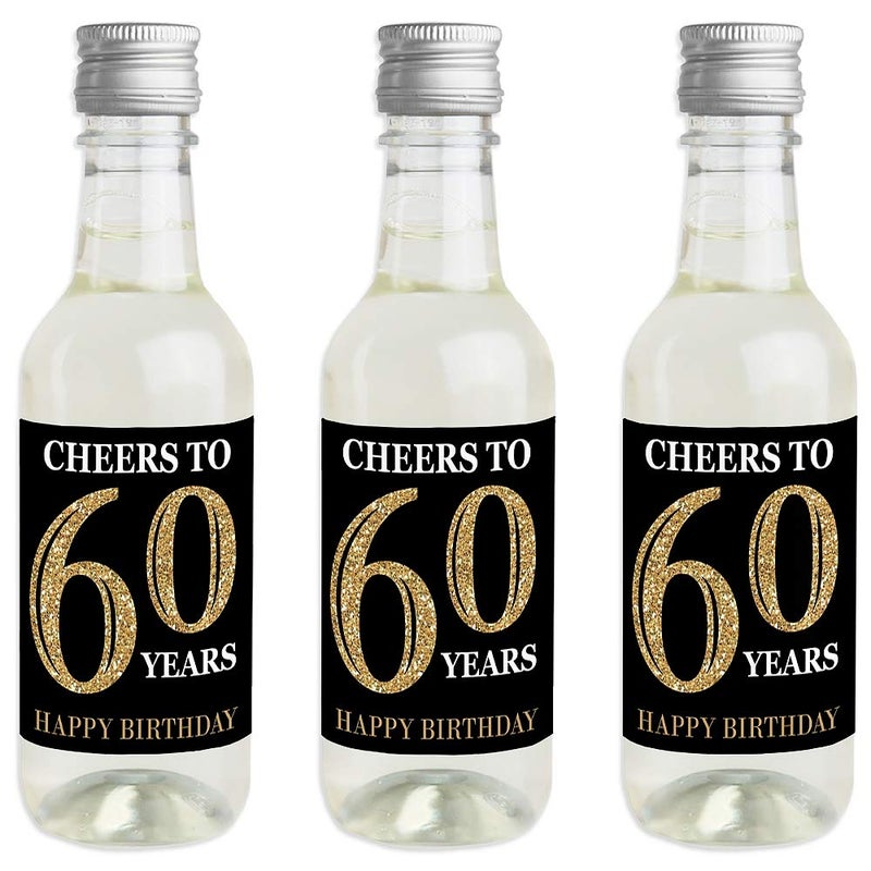Big Dot of Happiness Adult 60th Birthday - Gold - Mini Wine and Champagne Bottle Label Stickers - Birthday Party Favor Gift for Women and Men - Set of 16 - Image 1