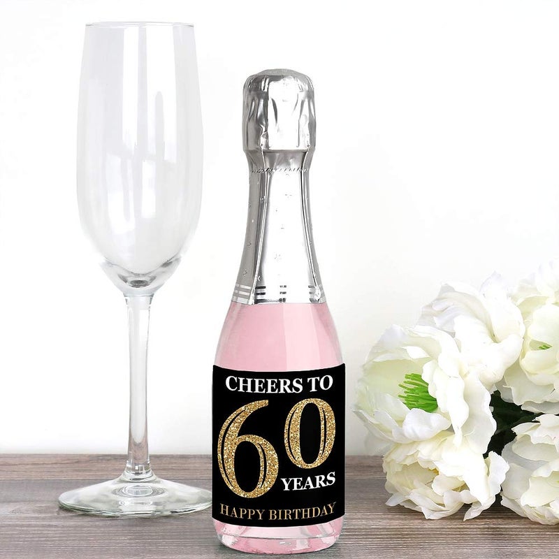 Big Dot of Happiness Adult 60th Birthday - Gold - Mini Wine and Champagne Bottle Label Stickers - Birthday Party Favor Gift for Women and Men - Set of 16 - Image 2