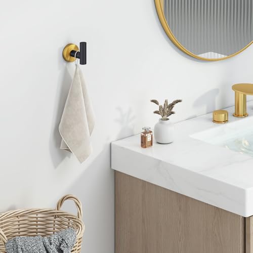 Angle Simple Towel Hook Black & Gold, Stainless Steel Bathroom Towel Holder, Round Clothing Robe Hook Wall Mount - Image 2