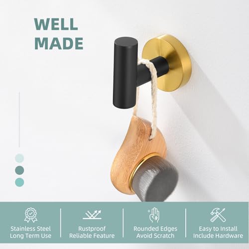 Angle Simple Towel Hook Black & Gold, Stainless Steel Bathroom Towel Holder, Round Clothing Robe Hook Wall Mount - Image 5
