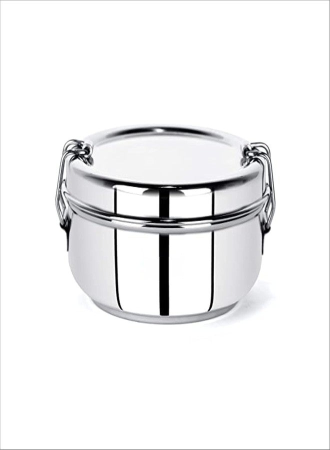 GS KITCHENWARE علبة طعام مكتبية من الفولاذ المقاوم للصدأ من جي إس | علبة غداء سعة 350 مل مع طبق داخلي | تصميم تقليدي، حاوية فولاذية لامعة للمكتب والمنزل، فضي. - Image 1