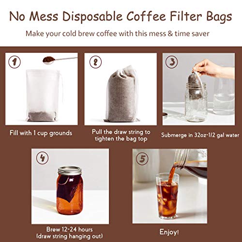 HOMYHEE No Mess Cold Brew Coffee Filters - 100 Count Disposable Fine Mesh Brewing Bags for Concentrate/Iced Coffee Maker, French/Cold Press Kit, Hot Tea in Mason Jar or Pitcher, 4 x 6 Inches - Image 3